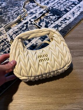 Miu Miu Cream Quilted Leather Mini Shoulder Bag with Gold Logo